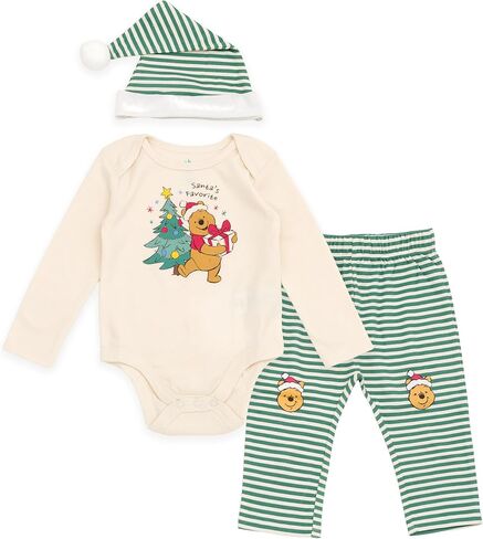 Disney Christmas Baby Bodysuit, Pants and Velour Santa Hat 3 Piece Outfit Set Newborn to Infant Sizes (Newborn - 24 Months) in Saudi Arabia