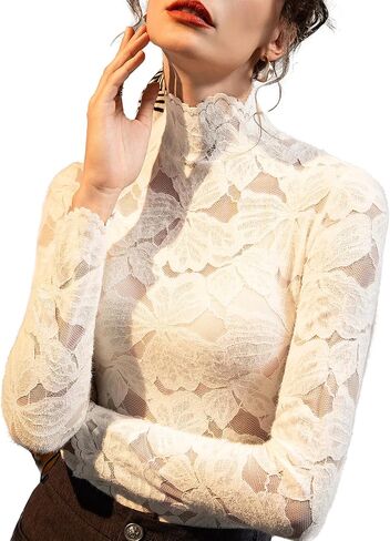 قمصان نسائية أنيقة غامضة من الدانتيل بأكمام طويلة ورقبة وهمية للخروج، ملابس كاجوال عصرية in Kuwait