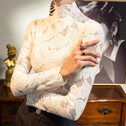 Women Elegant Fuzzy Floral Lace Long Sleeve Shirts Mock Neck Going Out Tops Dressy Casual Trendy in Saudi Arabia