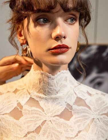 Women Elegant Fuzzy Floral Lace Long Sleeve Shirts Mock Neck Going Out Tops Dressy Casual Trendy in Saudi Arabia