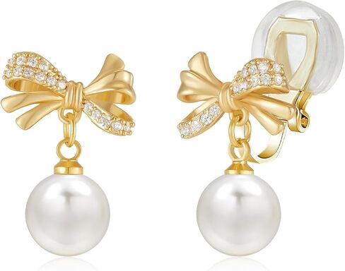 YOQUCOL Golden Bow Clip On Stub,Danle Drop Earrings for Women Simulated Pearl Christmas Xmas Bowknot Non Pierced Earrings in Saudi Arabia