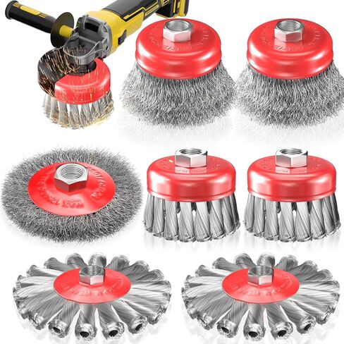7 قطع من فرشاة العجلات السلكية لمطحنة زاوية 4-1/2 بوصة، فرش أكواب/عجلات معقودة ومجعدة من الفولاذ الكربوني (3 بوصة و4 بوصة)، شديدة التحمل للصدأ والطلاء وإزالة التآكل، 5/8 بوصة - 11 UNC مترابطة in Kuwait