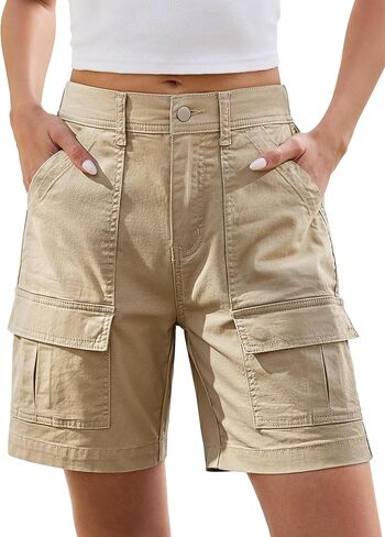 Bermuda Shorts Women, Cargo Solid Color Shorts with Multiple Pockets Short Length High Waisted Wide Leg Cotton Shorts in Saudi Arabia