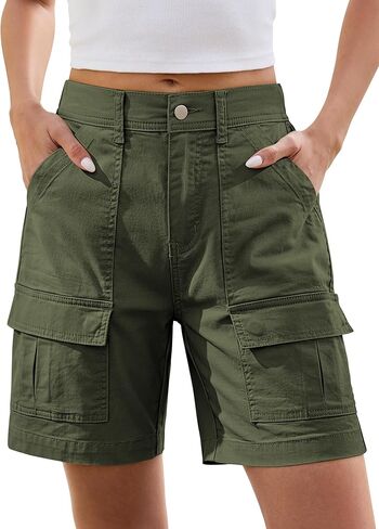 Bermuda Shorts Women, Cargo Solid Color Shorts with Multiple Pockets Short Length High Waisted Wide Leg Cotton Shorts in Saudi Arabia