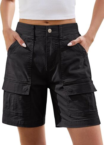 Bermuda Shorts Women, Cargo Solid Color Shorts with Multiple Pockets Short Length High Waisted Wide Leg Cotton Shorts in Saudi Arabia
