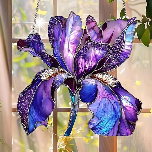 1PC Purple Iris Acrylic Suncatcher Hanging, 7.08 inch Window Decor with Printed Stained Glass Style Design, Rainbow Maker Wall Art, Gift Idea & Garden Ornament Indoor Outdoor Use/ZW-01 in Saudi Arabia