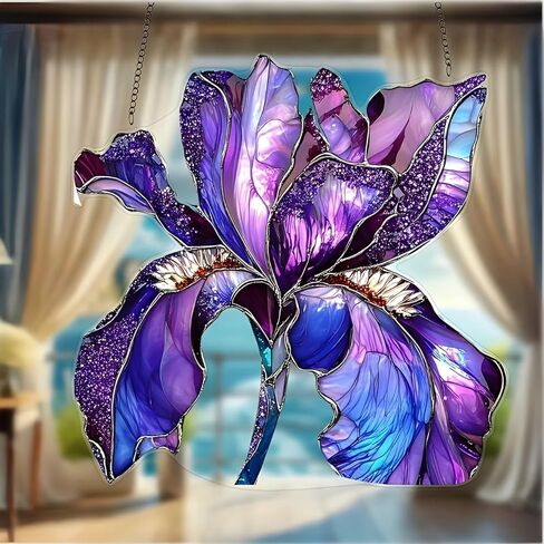 1PC Purple Iris Acrylic Suncatcher Hanging, 7.08 inch Window Decor with Printed Stained Glass Style Design, Rainbow Maker Wall Art, Gift Idea & Garden Ornament Indoor Outdoor Use/ZW-01 in Saudi Arabia