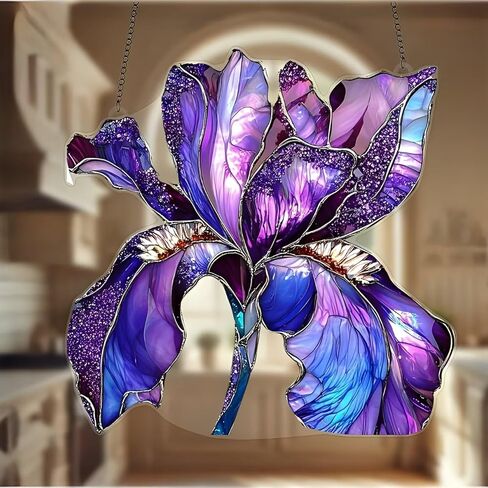 1PC Purple Iris Acrylic Suncatcher Hanging, 7.08 inch Window Decor with Printed Stained Glass Style Design, Rainbow Maker Wall Art, Gift Idea & Garden Ornament Indoor Outdoor Use/ZW-01 in Saudi Arabia