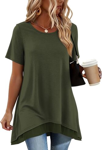 Poetsky Women's Short Sleeve Tunic Tops for Legging Layered Chiffon Hem Casual Loose Long Shirts with Pockets in Saudi Arabia