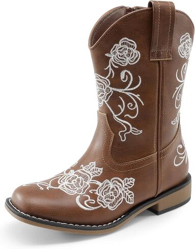 DREAM PAIRS Girls Cowboy Boots Floral Embroidered Classic Western Cowgirl Boots Square Toe Mid Calf Side Zipper Horsing Party Toddler/Little/Big Kids in Kuwait