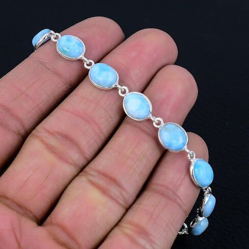 Silver Palace 925 Sterling Silver Natural Larimar Gemstone Link Tennis Bracelet Gift For Unisex 7 Inch To 8 Inch in Saudi Arabia