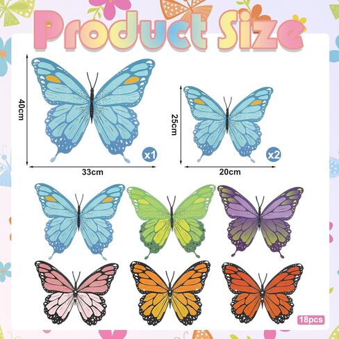 18 قطعة من ديكورات حفلات الفراشات الكبيرة ثلاثية الأبعاد لتزيين الفراشات الورقية الملونة بمقاسين من الفراشات الورقية لوازم حفلات أعياد الميلاد لحفلات الزفاف والربيع وغرفة استحمام الطفل وديكور السقف in Kuwait