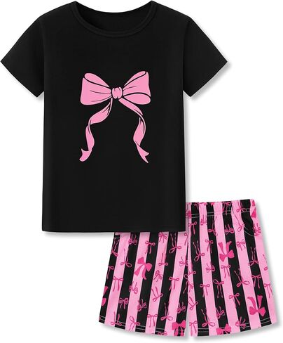 Beezizac Stylish Pajama for Girls Black & Pink Bow Comfortable Short Sleeves Jammies 2-Piece Set PJ Size 6-18 in Kuwait