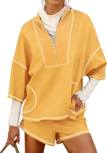 مجموعة ملابس Gozoloma النسائية الصيفية المكونة من قطعتين متطابقة مع خياطة متباينة - بلوزة بأكمام قصيرة نصف سحاب وسروال قصير مع جيوب in Kuwait