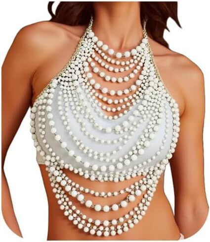 Sexy Pearl Top Backless Vest,Multi-Layered Summer Beach Beaded Harness Bra Chain Festival Rave Pearl Tassel Bralette Body Jewelry for Women in Saudi Arabia