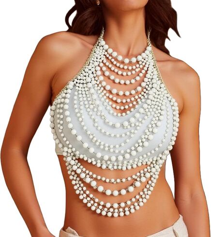 Sexy Pearl Top Backless Vest,Multi-Layered Summer Beach Beaded Harness Bra Chain Festival Rave Pearl Tassel Bralette Body Jewelry for Women in Saudi Arabia