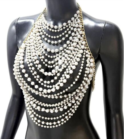 Sexy Pearl Top Backless Vest,Multi-Layered Summer Beach Beaded Harness Bra Chain Festival Rave Pearl Tassel Bralette Body Jewelry for Women in Saudi Arabia