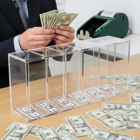 Leinuosen 25" x 12" x 7" Extra Large Clear Currency Tray with 6 Pocket Acrylic Cash Organizer Money Bill Storage Box for Bank Casinos Pharmacies in Saudi Arabia