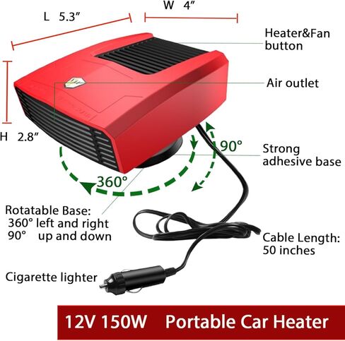 سخانات السيارة 12 فولت 150 وات للمركبة، سخان السيارة الذي يتم توصيله بولاعة السجائر، مزيل الصقيع عن الزجاج الأمامي، تسخين سريع، متوافق مع جميع المركبات 12 فولت بما في ذلك السيارات والشاحنات والمركبات الترفيهية والقوارب in Kuwait