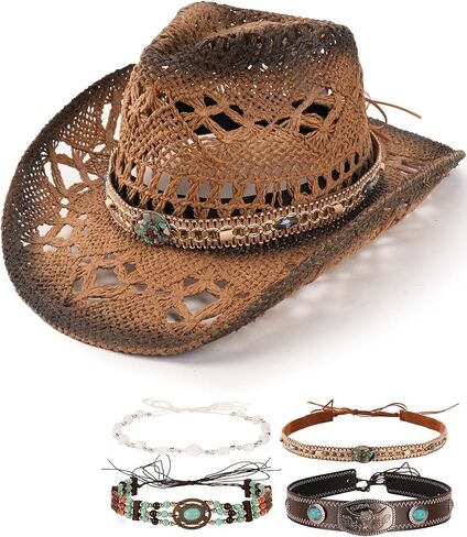 FURTALK Straw Cowboy Hat for Women Men with 4-Style Decorative Bands Stiff Wide Brim Western Style Cowgirl Hat in Saudi Arabia