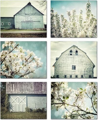 LISA RUSSO FINE ART - مجموعة Shabby Chic Farmhouse مكونة من 6 مطبوعات صغيرة مقاس 5x7 بوصة - غير مؤطرة - حظيرة زرقاء مائية باستيل، زهور، صور زهور - معرض حائط كوخ ريفي in Saudi Arabia