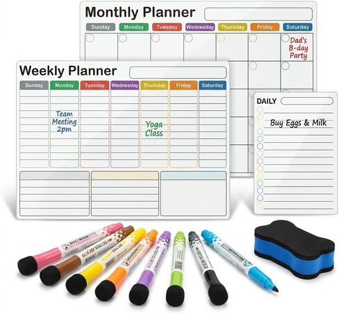 Magnetic Calendar for Refrigerator (3-Pack, Ships Flat) - 17"x12" Monthly, Weekly & Daily Planner with Lined Grids - Nano-Tech Dry Erase Board Fridge Whiteboard, 8 Markers & Eraser in Saudi Arabia