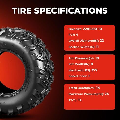 إطارات 22x11-10 ATV/UTV، إطارات 22x11x10 لجميع التضاريس، تصنيف 4 طبقات، بدون أنابيب، مجموعة من 2 in Kuwait