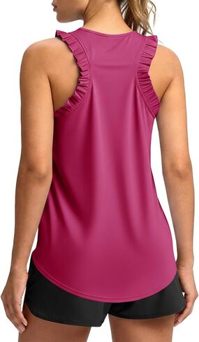 Fisoew المرأة الصيف تجريب تانك القمم كشكش أكمام راسيرباك Crewneck عادية فضفاض تشغيل رياضة تي شيرت رياضي in Kuwait