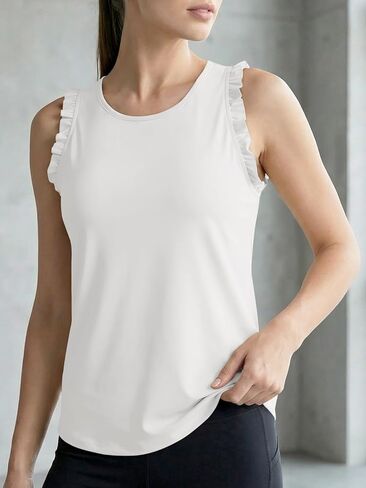 Fisoew المرأة الصيف تجريب تانك القمم كشكش أكمام راسيرباك Crewneck عادية فضفاض تشغيل رياضة تي شيرت رياضي in Kuwait