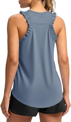Fisoew المرأة الصيف تجريب تانك القمم كشكش أكمام راسيرباك Crewneck عادية فضفاض تشغيل رياضة تي شيرت رياضي in Kuwait
