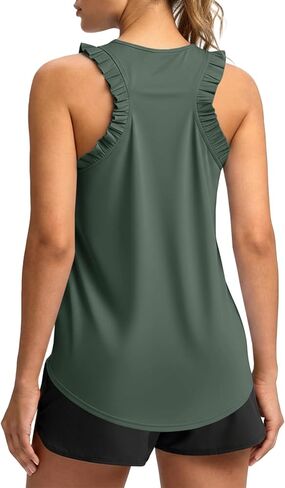 Fisoew Women Summer Workout Tank Tops Ruffle Sleeveless Racerback Crewneck Casual Loose Running Gym Athletic Tee Shirts in Saudi Arabia