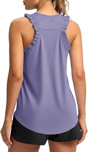 Fisoew المرأة الصيف تجريب تانك القمم كشكش أكمام راسيرباك Crewneck عادية فضفاض تشغيل رياضة تي شيرت رياضي in Kuwait