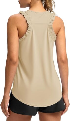 Fisoew المرأة الصيف تجريب تانك القمم كشكش أكمام راسيرباك Crewneck عادية فضفاض تشغيل رياضة تي شيرت رياضي in Kuwait
