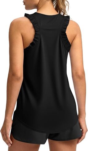 Fisoew المرأة الصيف تجريب تانك القمم كشكش أكمام راسيرباك Crewneck عادية فضفاض تشغيل رياضة تي شيرت رياضي in Kuwait