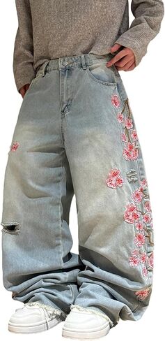 Men's Baggy Jeans Blossom Embroidery Pattern Wide Leg Y2K Jeans Mid Rise Denim Pants Streetwear in Kuwait