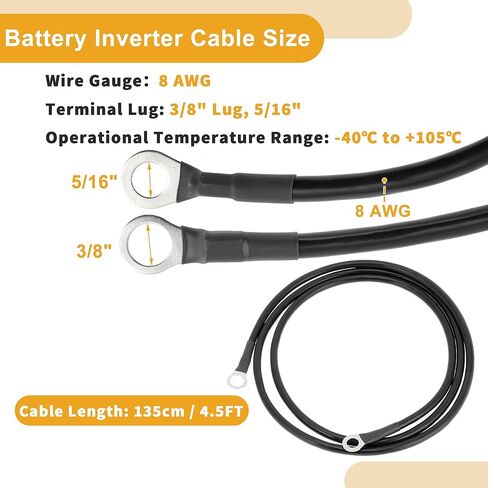 1 Pc 8 AWG Gauge Universal Battery Inverter Cable for Car Vehicle Boat RV Solar Battery Cable Tinned Copper Black 4.5FT 3/8" Lug 5/16" Lug in Saudi Arabia