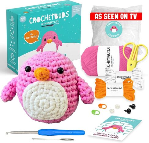 CROCHETBUDS مجموعة الكروشيه للمبتدئين | نمط البطريق | مجموعة كروشيه للبالغين والمراهقين والأطفال مع تعليمات، حزمة غزل سهلة الاستخدام وخطاف وإبر | يتضمن فيديو خطوة بخطوة وبرامج تعليمية مكتوبة in Kuwait