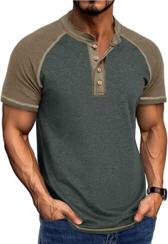 Men’s Color Block Henley Sweatshirt Short Sleeve Button Front Casual Sweatshirt Breathable Streetwear Top in Saudi Arabia
