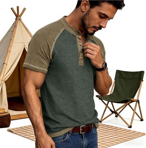Men’s Color Block Henley Sweatshirt Short Sleeve Button Front Casual Sweatshirt Breathable Streetwear Top in Saudi Arabia