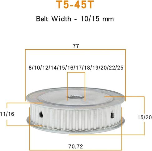 T5-45T Bore 8/10/12/14/15/16/17/18/19/20/22/25mm Pulley Teeth Pitch 5 1Pcs(16 mm,16 mm) in Saudi Arabia
