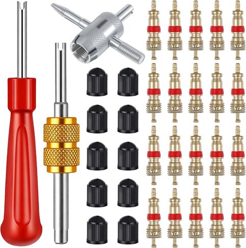 33PCS Valve Stem Removal Tool Kit, Valves Core Remover and Cores and Caps, Universal Tire Valve Stem Removal Tools Replacement Kit 4-Way Valves Tool for Car Truck Motorcycle Bicycle Repair in Saudi Arabia