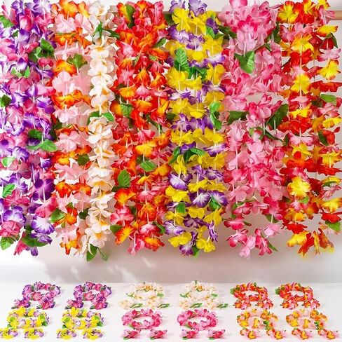 FUTUREPLUSX 48pcs Leis for Luau Party decorations, Hawaiian Leis Tropical Hawaiian Bulk Including Colorful Flower Necklace Headbands and Wristbands for Hula Dance Party Tropical Summer Beach Theme in Saudi Arabia
