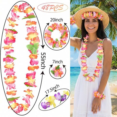FUTUREPLUSX 48pcs Leis for Luau Party decorations, Hawaiian Leis Tropical Hawaiian Bulk Including Colorful Flower Necklace Headbands and Wristbands for Hula Dance Party Tropical Summer Beach Theme in Saudi Arabia