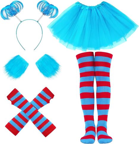 5 قطع أزياء الهالوين للنساء البالغات، تنورة توتو زرقاء/عصابة رأس على شكل ذيل حصان/أساور معصم قطيفة/جوارب مخططة/قفازات in Kuwait