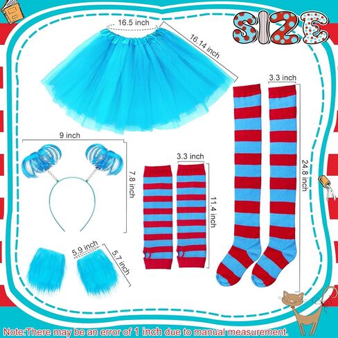 5 قطع أزياء الهالوين للنساء البالغات، تنورة توتو زرقاء/عصابة رأس على شكل ذيل حصان/أساور معصم قطيفة/جوارب مخططة/قفازات in Kuwait