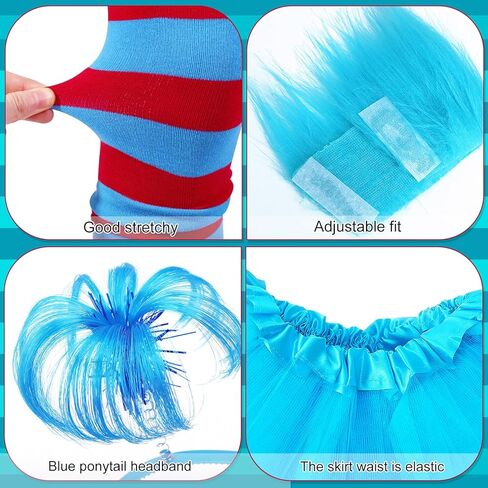 5 قطع أزياء الهالوين للنساء البالغات، تنورة توتو زرقاء/عصابة رأس على شكل ذيل حصان/أساور معصم قطيفة/جوارب مخططة/قفازات in Kuwait