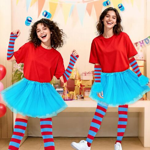 5 قطع أزياء الهالوين للنساء البالغات، تنورة توتو زرقاء/عصابة رأس على شكل ذيل حصان/أساور معصم قطيفة/جوارب مخططة/قفازات in Kuwait