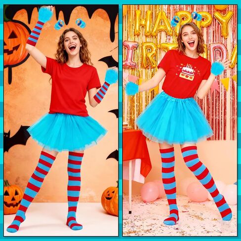 5 قطع أزياء الهالوين للنساء البالغات، تنورة توتو زرقاء/عصابة رأس على شكل ذيل حصان/أساور معصم قطيفة/جوارب مخططة/قفازات in Kuwait