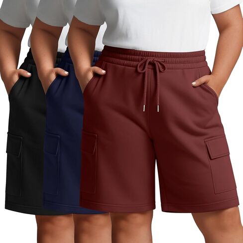 Neer 3 Pack Women's Plus Size Cargo Shorts Elastic Drawstring Bermuda Short Casual Loose Athletic Yoga Shorts with 4 Pockets in Saudi Arabia