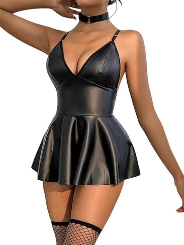 Sexy Mini Plunge Stocking Leather Dress Choker Lingerie Set with Thong 3 Piece in Kuwait